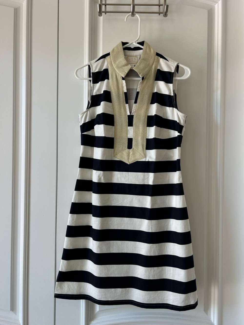 Sleeveless Black and White Striped Mini Dress with Gold Collar